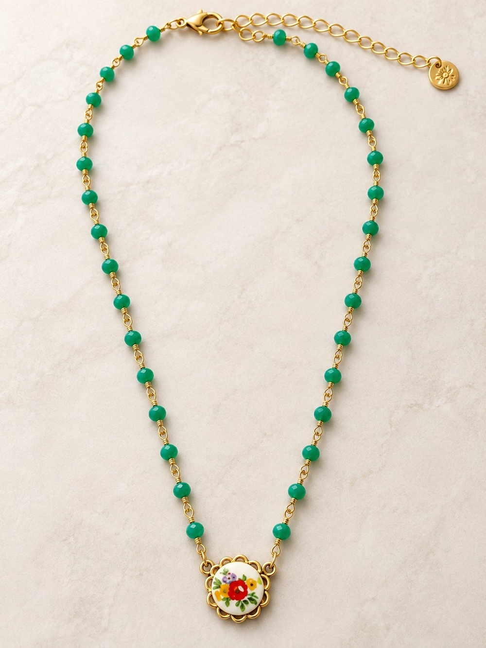 A24. Gold and Green Beaded Necklace with Floral Pendant - Picture 2 of 4